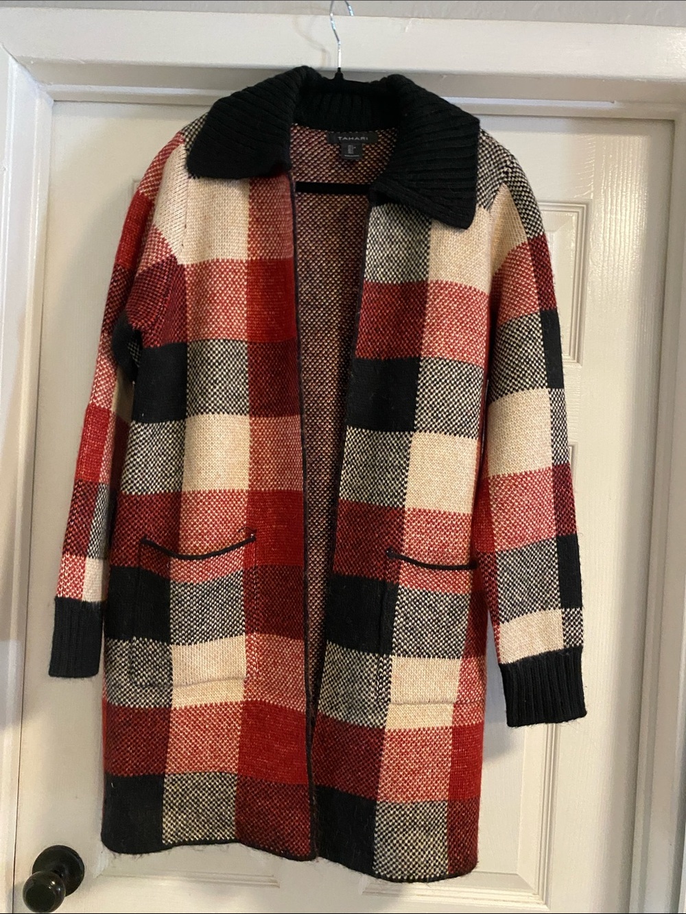 Tahari Open-Front Plaid Long Jacket - Red/Black/Cream BNWT size L